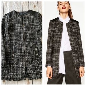 Zara Black Tweed Leather Contrast Full Zip Jacket